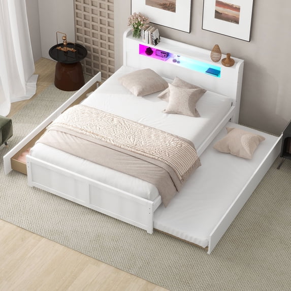 Harper & Bright Designs Queen Platform Bed with Trundle, Wood Storage Platform Bed with 2 Drawers and LED Light, White