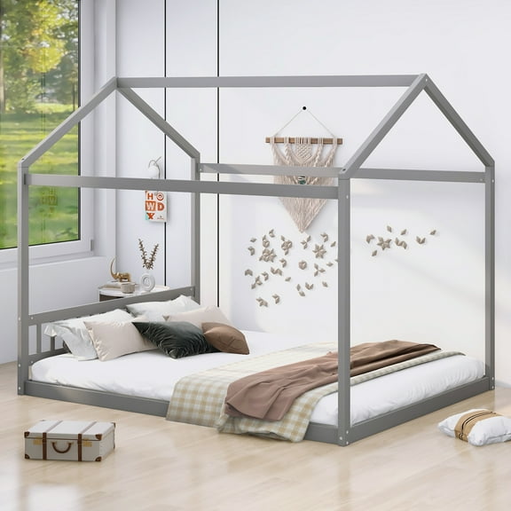 Harper & Bright Designs Queen Size Floor House Bed for Kids, Wood Montessori Bed with Headboard, Full House Bed with Roof for Girls & Boys, Gray