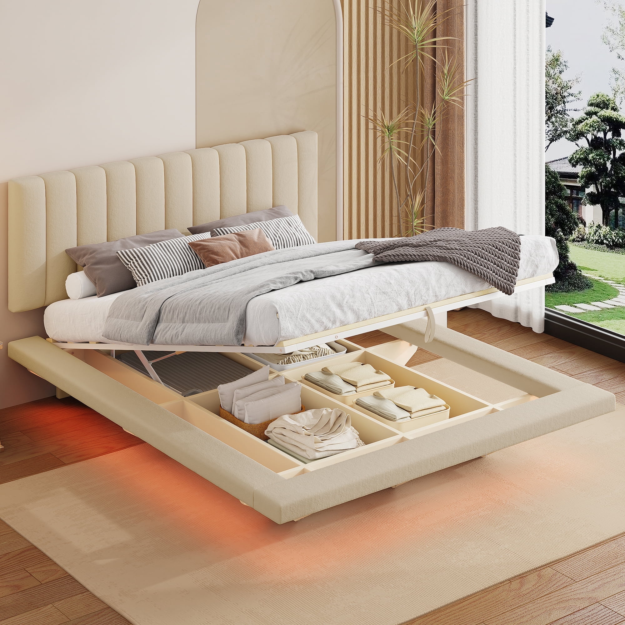 Harper & Bright Designs Queen Size Lift Up Floating Bed Frame with LED ...