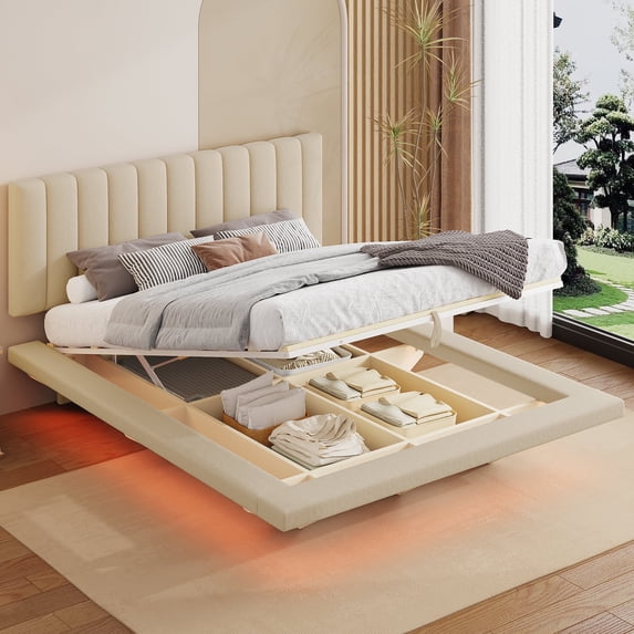 Harper & Bright Designs Queen Size Lift Up Floating Bed Frame with LED Light and USB Port, Velvet Upholstered Queen Hydrualic Platform Bed with Headboard, Beige
