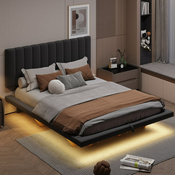 Harper & Bright Designs Queen Size Lift Up Floating Bed Frame with LED Light and USB Port, Velvet Upholstered Queen Hydrualic Platform Bed with Headboard, Gray