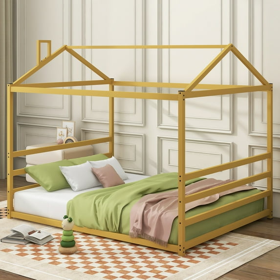 Harper & Bright Designs Queen Size Metal Bed House Bed Frame with Roof, Montessori Floor Bed, Playhouse Floor Bed Frame for Bedroom, Gold