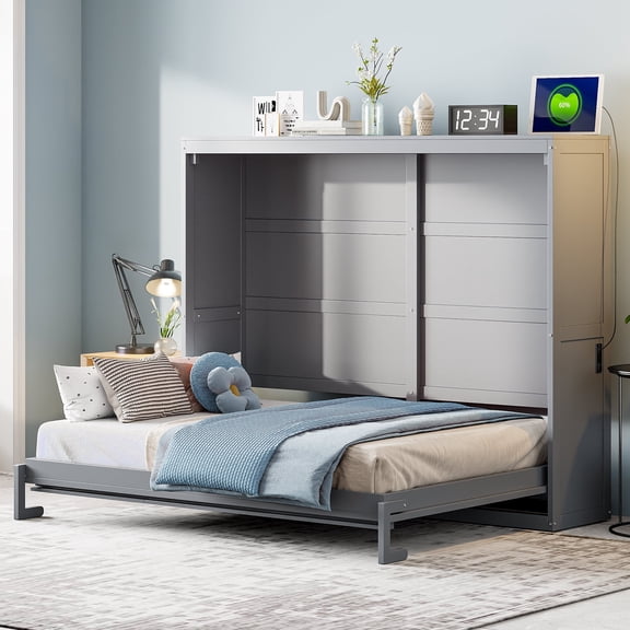 Harper & Bright Designs Queen Size Murphy Bed Cabinet, Wood Murphy Bed Platform Chest Bed Frame, Folding Wall Bed for Bedroom & Guest Room, Gray