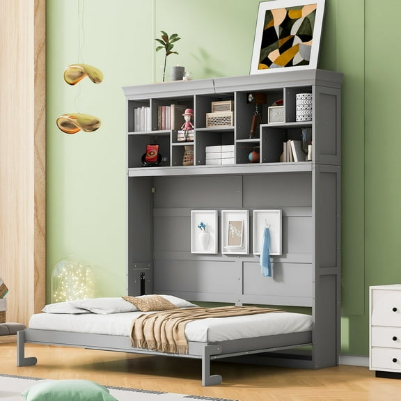 Harper & Bright Designs Queen Size Murphy Bed Wall Bed with Top Shelves & USB, Murphy Cabinet Bed Folding Wall Bed, Hidden Horizontal Murphy Bed for Guest Room, Gray