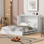 Harper & Bright Designs Queen Size Murphy Bed Wall Bed with Drawer, Foldable Cube Cabinet Queen Platform Bed with A set of Sockets & USB Ports, White