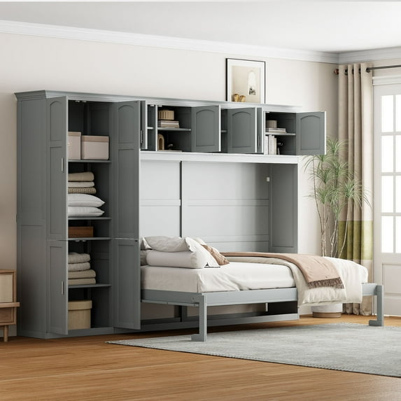 Harper & Bright Designs Queen Size Murphy Bed, Wooden Queen Cabinet Bed Wall Bed with Closet, Folding Wall Chest Bed for Bedroom Guest Room, Gray