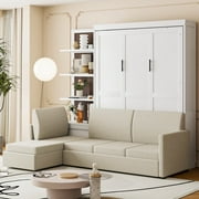 Harper & Bright Designs Queen Size Murphy Bed, Wooden Queen Murphy Bed Frame with Shelves, Wall Bed with L-Shape Sofa, White