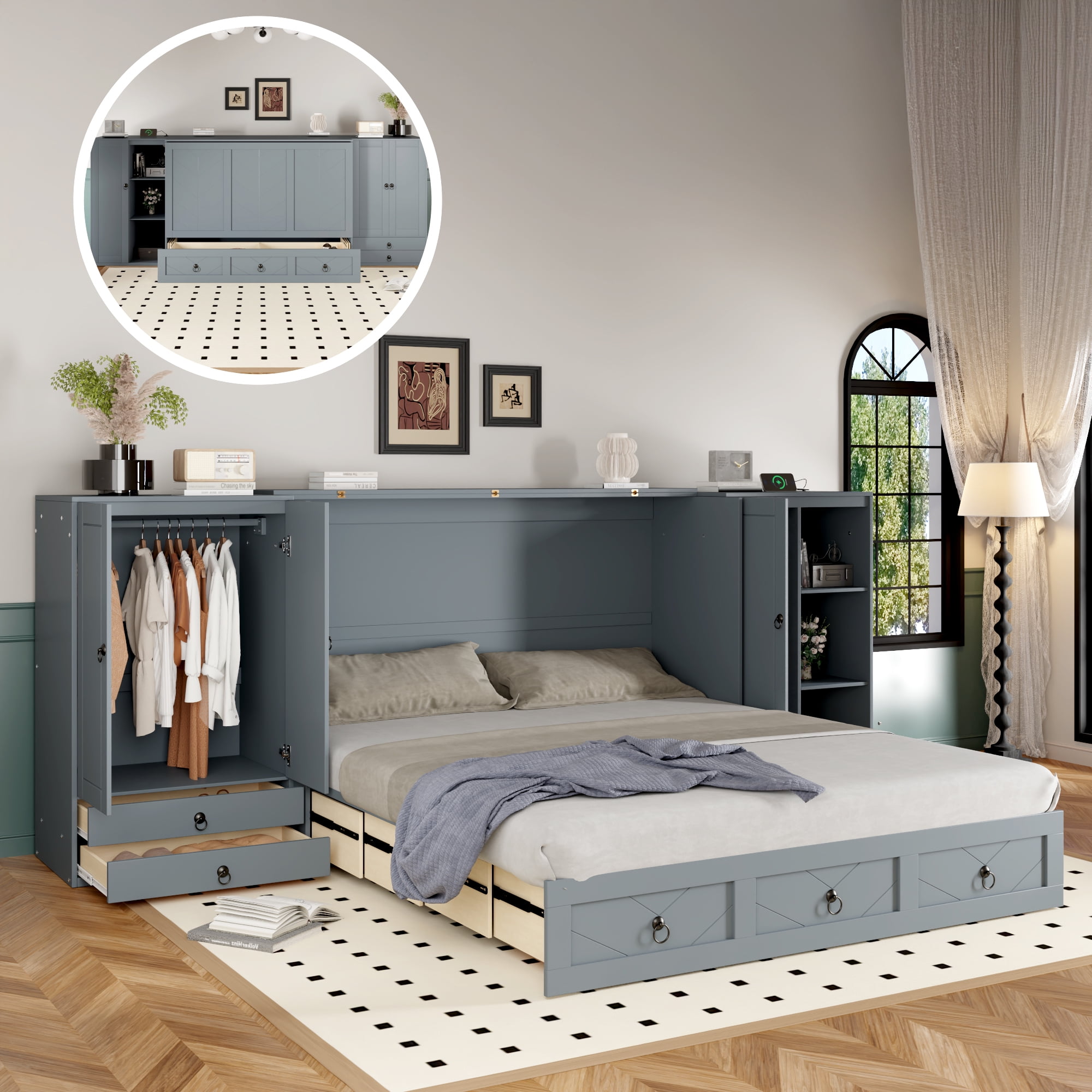Gray Queen Size Murphy Bed with Linen Upholstery and Storage Drawers
