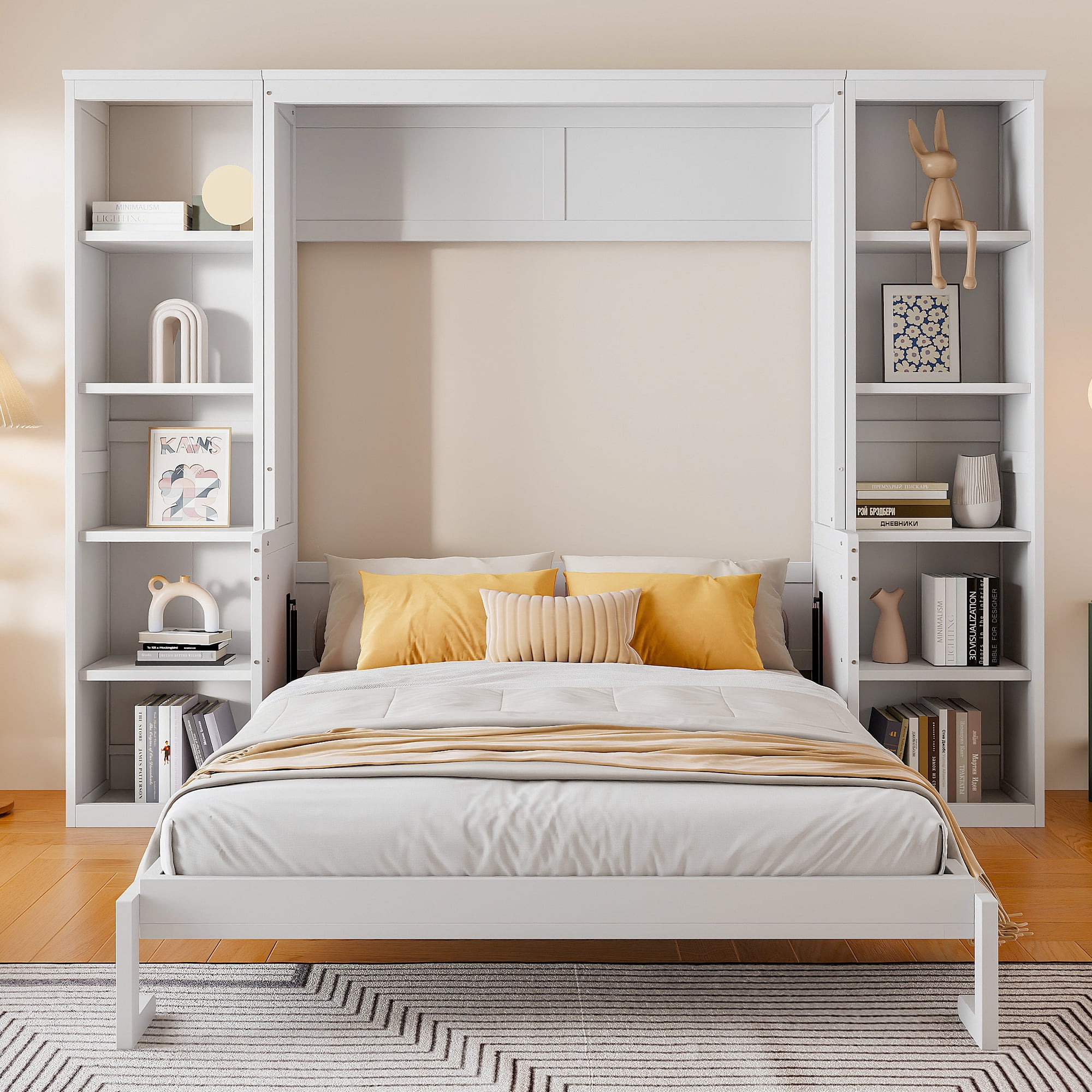 Queen Size Murphy Bed with Bookcase and Storage, White