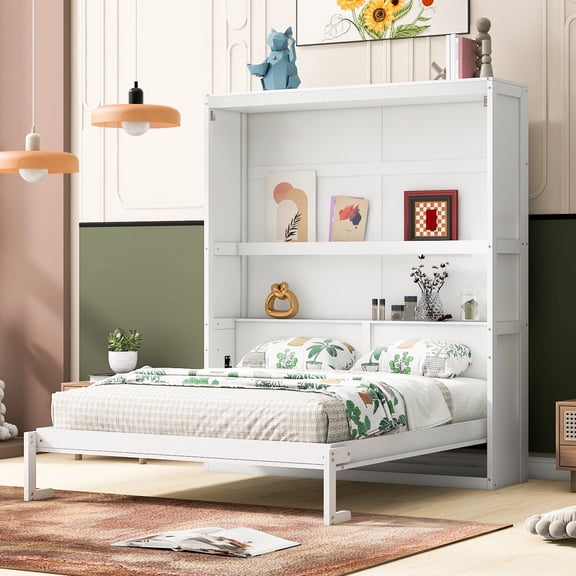 Harper & Bright Designs Queen Size Murphy Bed with Shelves, Foldable Wall Bedframe w/Flexible Slats Support, Space-Saving Design, Can Be Folded Into Cabinet, White