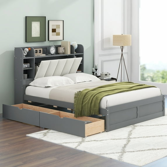 Harper & Bright Designs Queen Size Platform Bed with Upholstered Storage Headboard and 2 Drawers, Wood Bed Frame with Shelves, Gray