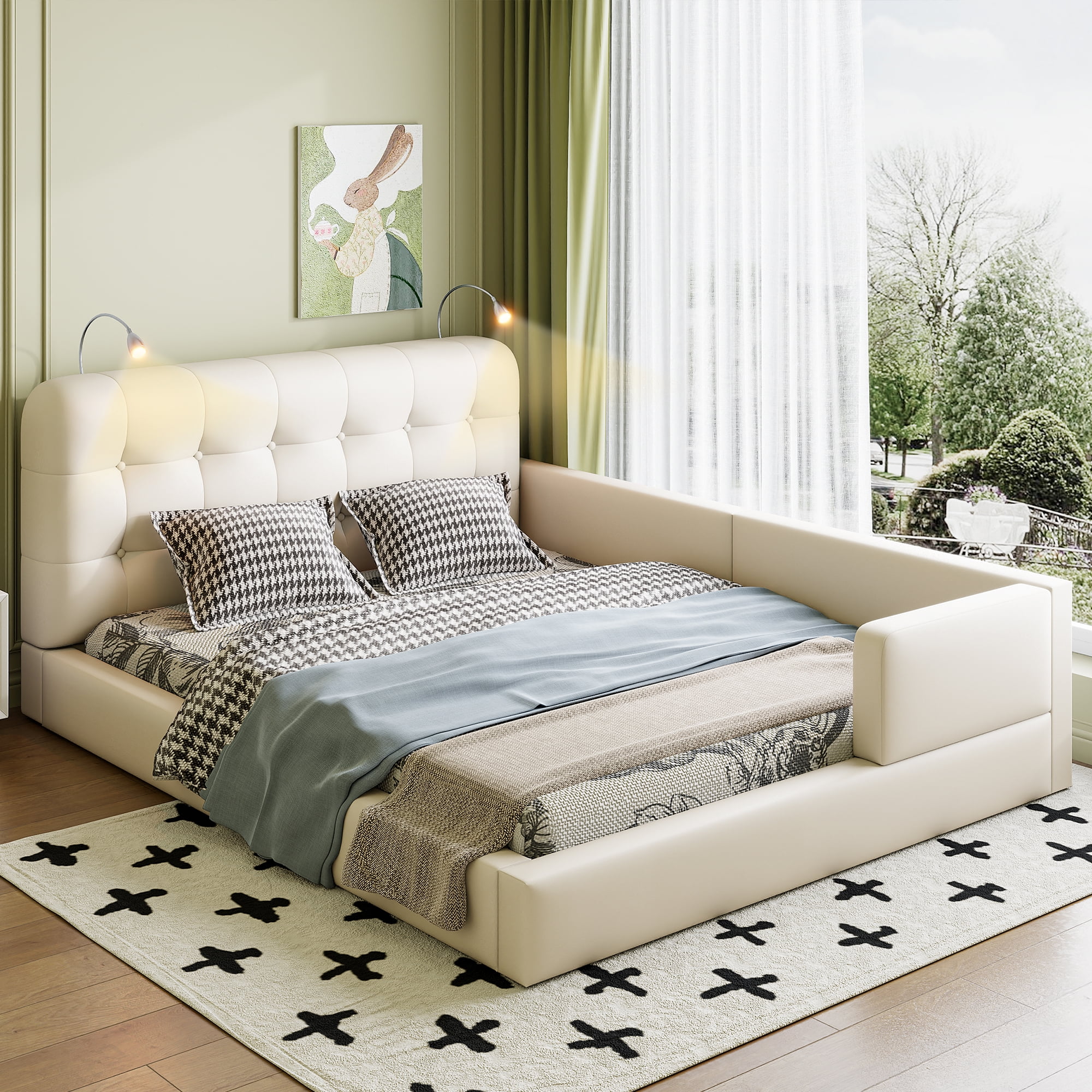 Churanty Queen Size Upholstered Grounded Bed with 2 Reading Lights, PU ...