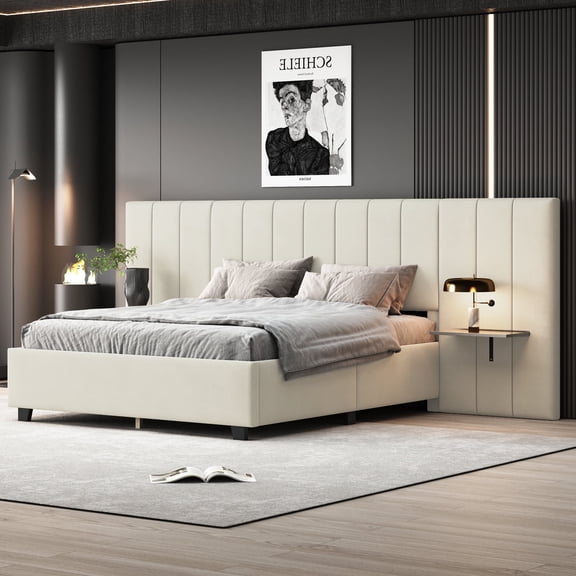 Harper & Bright Designs Queen Size Upholstered Platform Bed with Big Headboard, Velvet Bed with Storage Nightstand for Bedroom, Beige