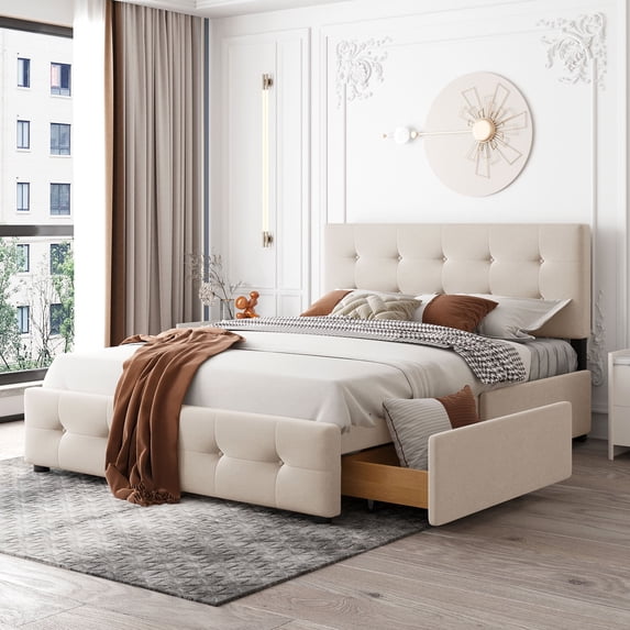 Harper & Bright Designs Queen Size Upholstered Platform Bed with Storage Drawers, Linen Queen Wooden Bed Frame for Bedroom, Beige