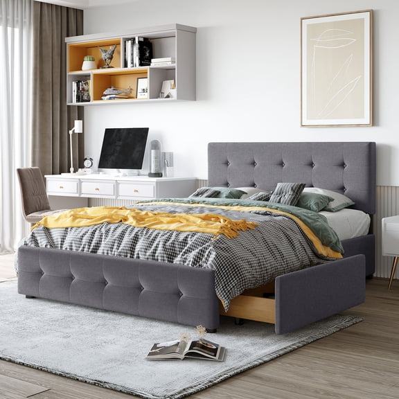 Harper & Bright Designs Queen Size Upholstered Platform Bed with Storage Drawers, Linen Queen Wooden Bed Frame for Bedroom, Dark Gray