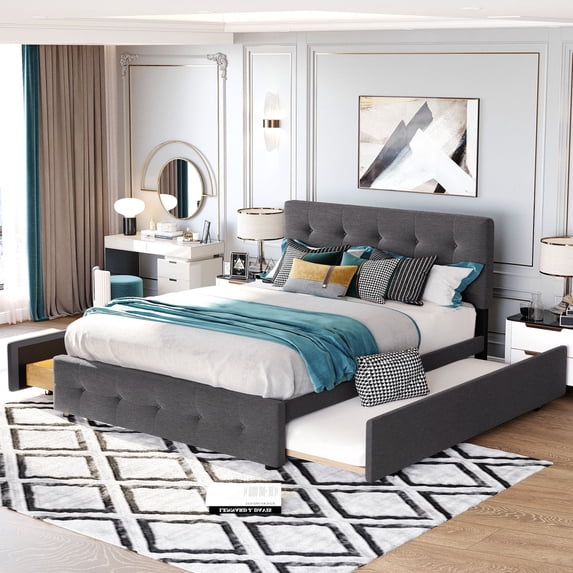 Harper & Bright Designs Queen Size Upholstered Platform Bed with Twin XL Trundle, Linen Queen Wooden Bed Frame 2 Drawers for Bedroom, Dark Gray
