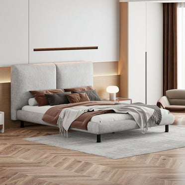 Harper & Bright Designs Queen Size Upholstered Platform Bed with Two Large Headrests and Thick Fabric, Polyester, Beige