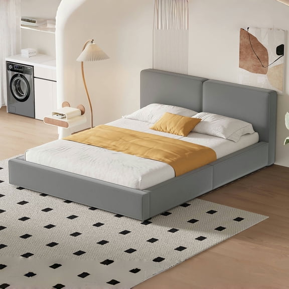 Harper & Bright Designs Queen Size Velvet Platform Bed, Upholstered Grounded Bed with Solid Frame Bed Frame for Boys Girls Adults, Gray
