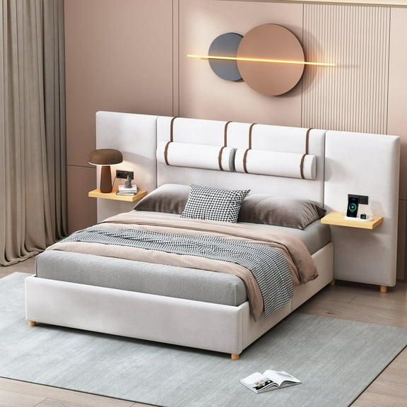 Harper & Bright Designs Queen Size Velvet Upholstered Bed with Large Headboard and 2 Shelves, Wooden Platform Bed Frame with 2 Outlets and USB Charging Ports on Both Sides, 2 Headboard Pillows