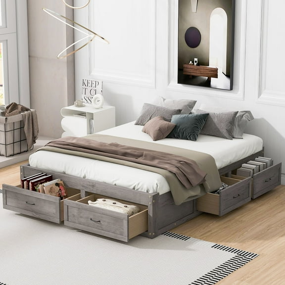 Harper & Bright Designs Queen Storage Bed Frame Queen Size Platform Bed with 6 Storage Drawers, Wood Bed Frame for Boys Girls Adults, Antique Gray