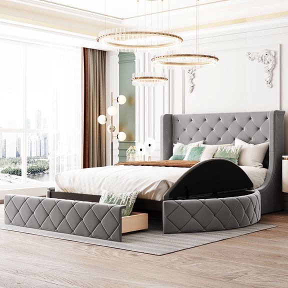 Harper & Bright Designs Queen Wingback Velvet Platform Bed with Storage, Gray