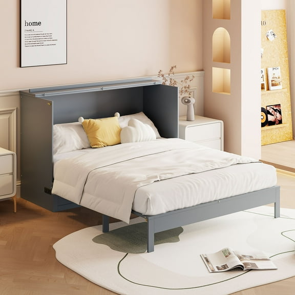 Harper & Bright Designs Rattan Full Size Murphy Bed, Wooden Full Murphy Bed Frame with Large Drawers, Folding Wall Chest Cabinet Bed for Guest Room, Gray