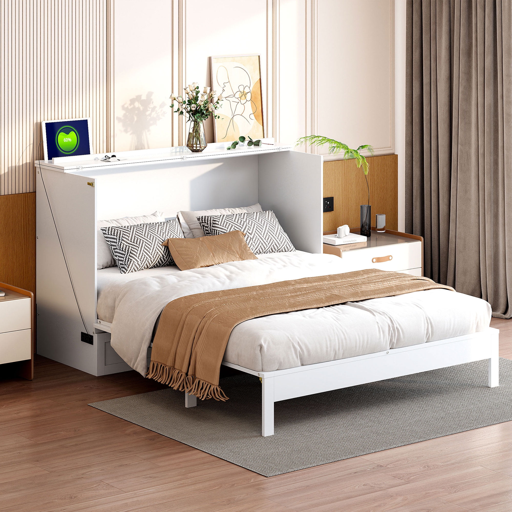 White Full Size Murphy Bed with Large Drawers and Rattan Finish