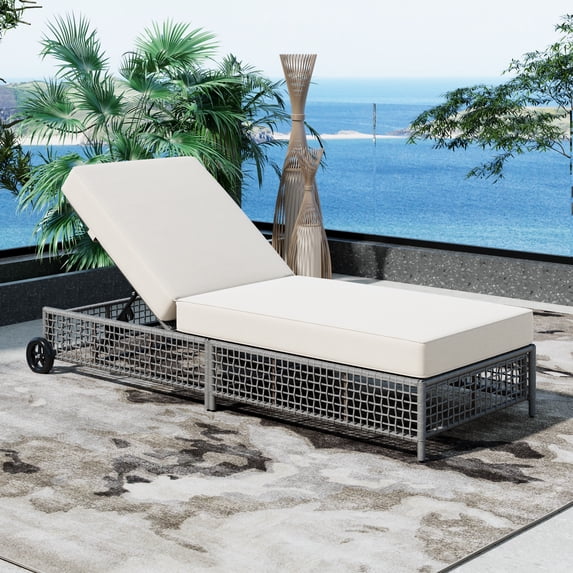 Harper & Bright Designs Rattan Outdoor Lounge Chaise with Wheels, Patio Recliner with 5 Position Adjustable Backrest and Removable Cushions, All Weather Pool Lounge for Backyard, Beige+Grey