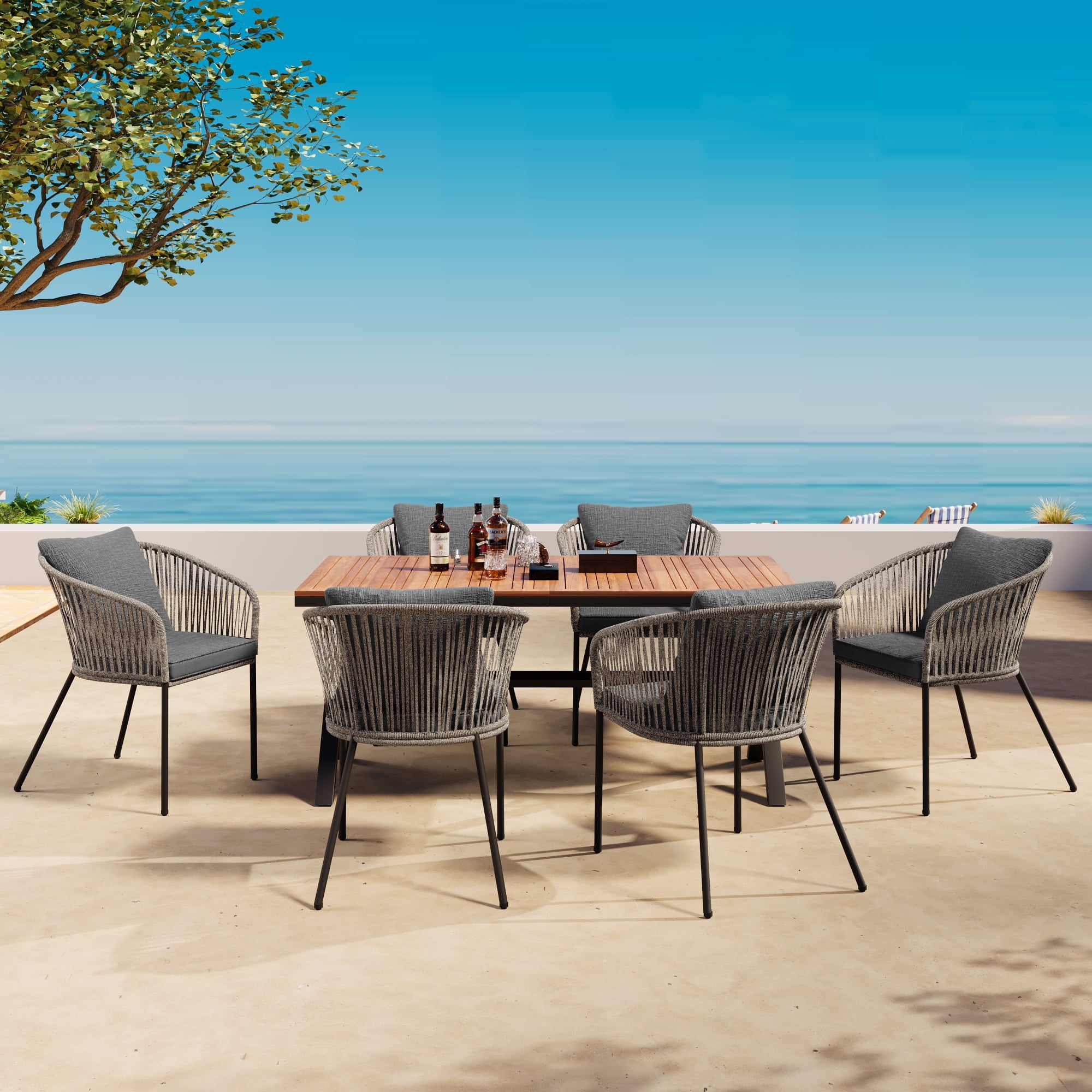 Harper & Bright Designs Rattan Patio Dining Set for 6, All-Weather Outdoor Furniture Set with Dining Table and Chairs, Acacia Wood Tabletop, Metal Frame for Garden Backyard, Grey