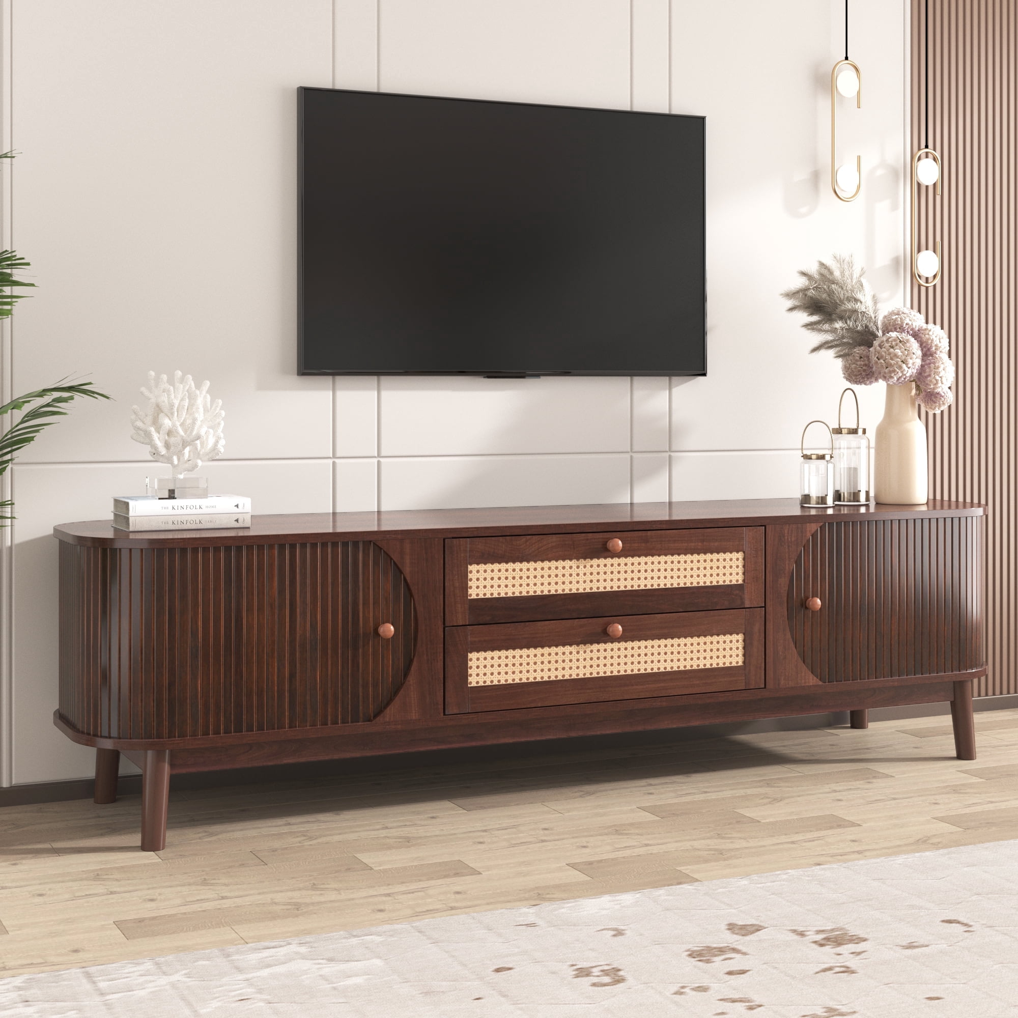 Harper & Bright Designs Rattan TV Stand for 75 inch TV, Wood TV Storage Cabinet with 2 Drawer, Media Console with Solid Wood Legs for Living Room, Natural Wood+Brown