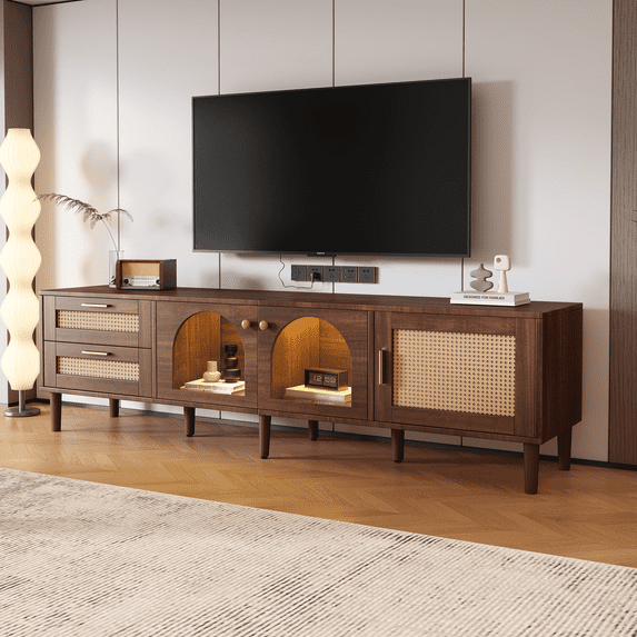 Harper & Bright Designs Rattan TV Stand with LED Light for 80 inch TV, Wood TV Storage Cabinet with Glass Doors and 2 Drawer, Media Console with Solid Wood Legs for Living Room, Dark Brown