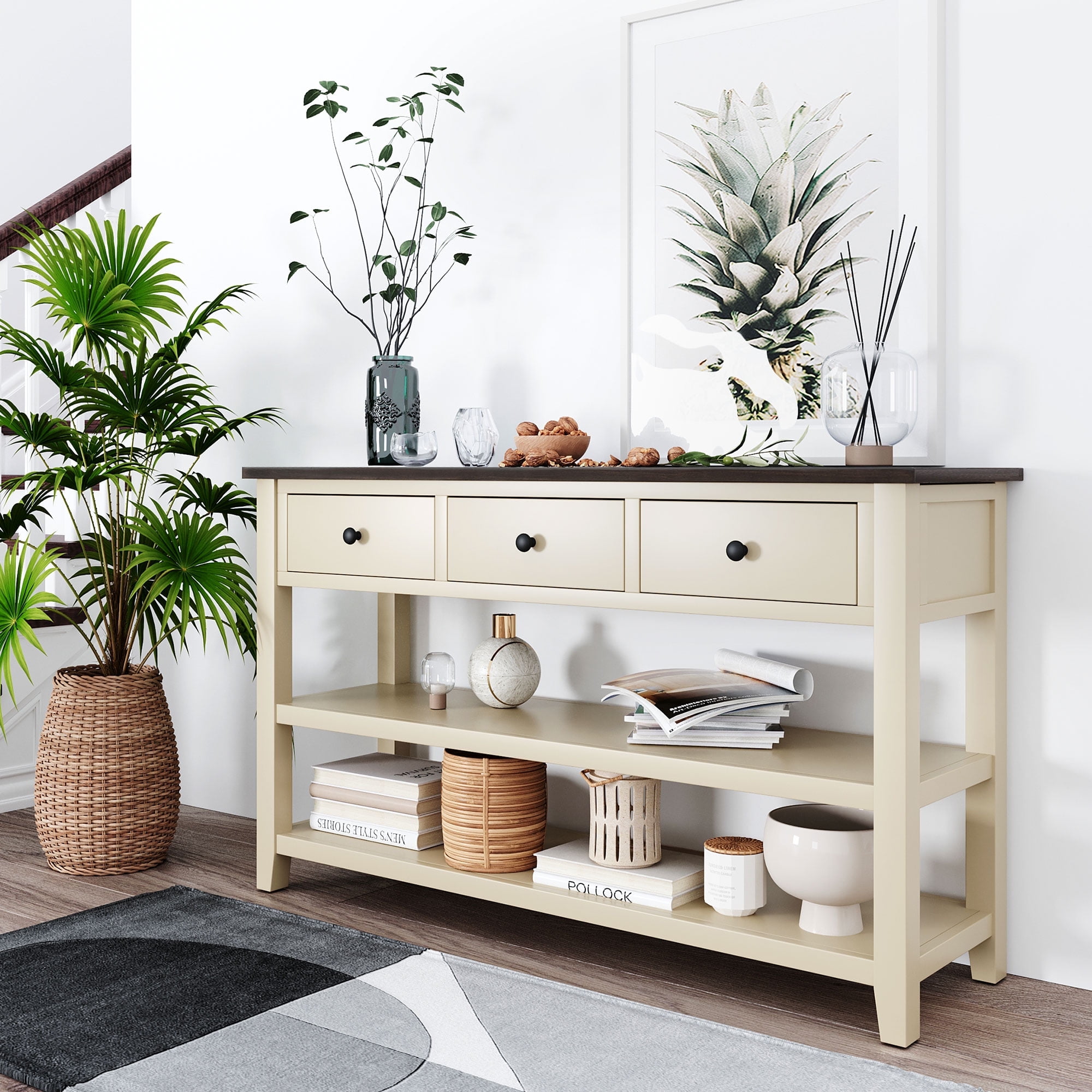 Harper & Bright Designs Retro Console Table with Storage Drawers and Two Open Shelves, Solid Wood Rustic Sofa Table for Entryway Living Room, Beige, Espresso