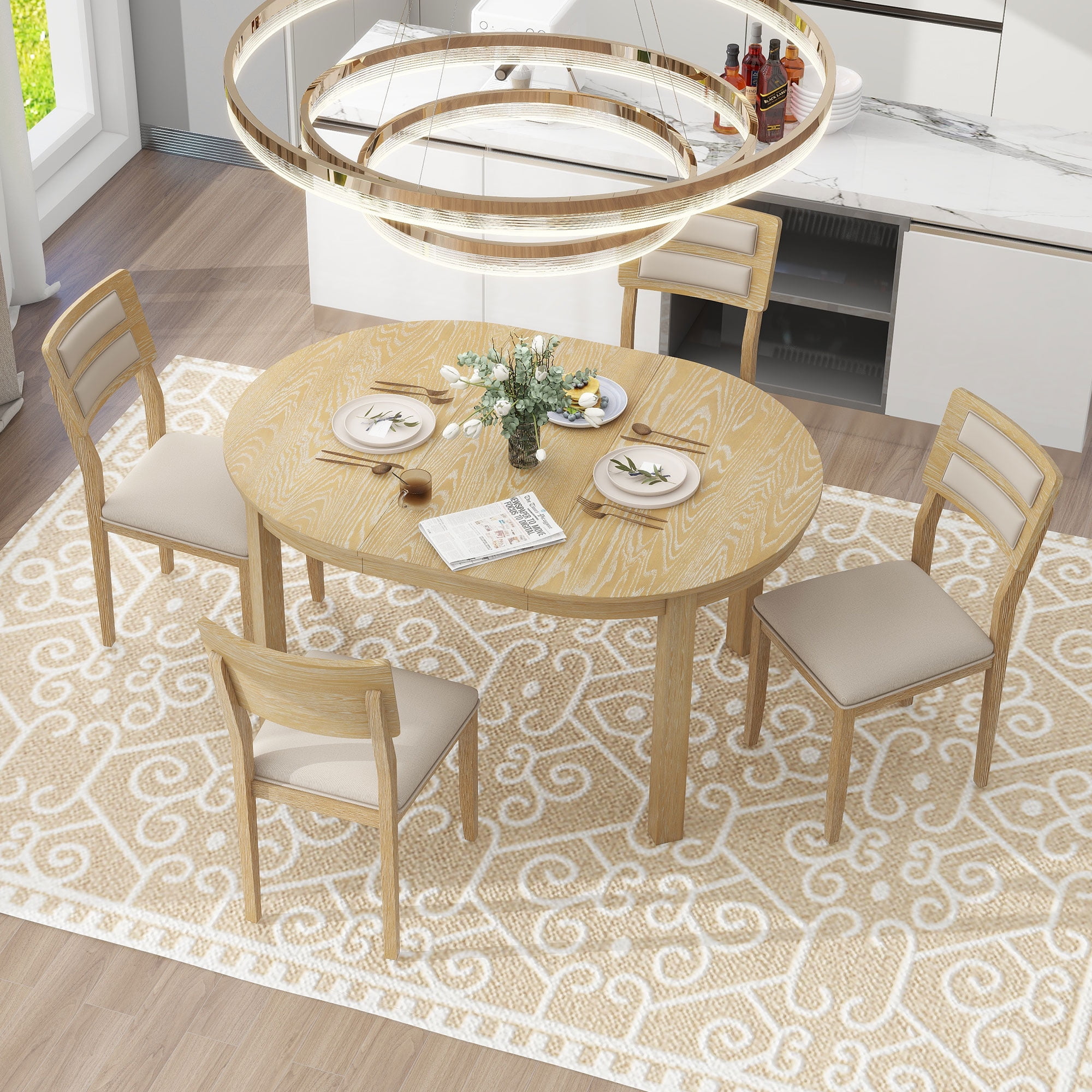 Churanty Round Extendable Dining Set for 4,Kitchen Dining Table with ...