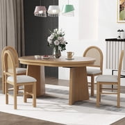 Harper & Bright Designs Round Extendable Dining Table Set for 4, Retro Kitchen Dining Table and 4 Upholstered Chairs with Rattan Backrests for Dining Room, Natural Wood Wash