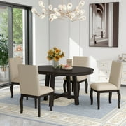 Harper & Bright Designs Round Extendable Dining Table Set for 4, 5 Piece Farmhouse Wood Dining Table Set with 4 Upholstered Dining Chairs, Espresso