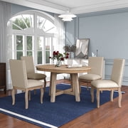 Harper & Bright Designs Round Extendable Dining Table Set for 4, 5 Piece Farmhouse Wood Dining Table Set with 4 Upholstered Dining Chairs, Natural Wood Wash