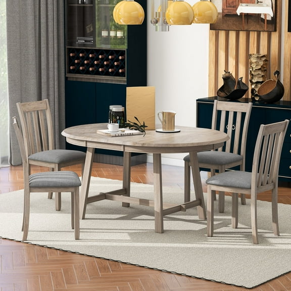 Harper & Bright Designs Round Extendable Dining Table Set for 4, Wood Farmhouse Table and 4 Upholstered Chairs for Dining Room, Natural Wood Wash