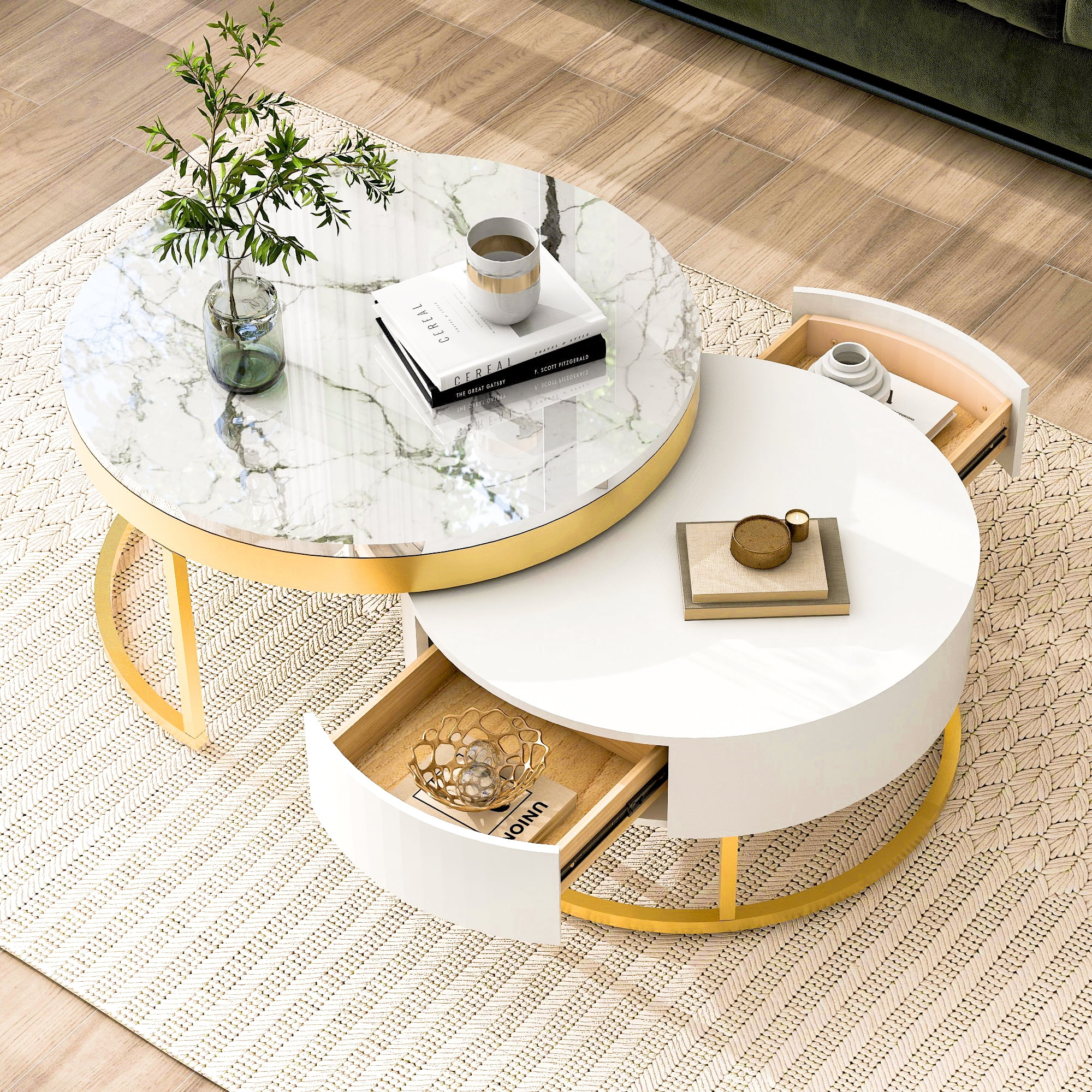 Churanty Glam White & Gold Round Nesting Coffee Table Set for Living Room with Storage Drawers