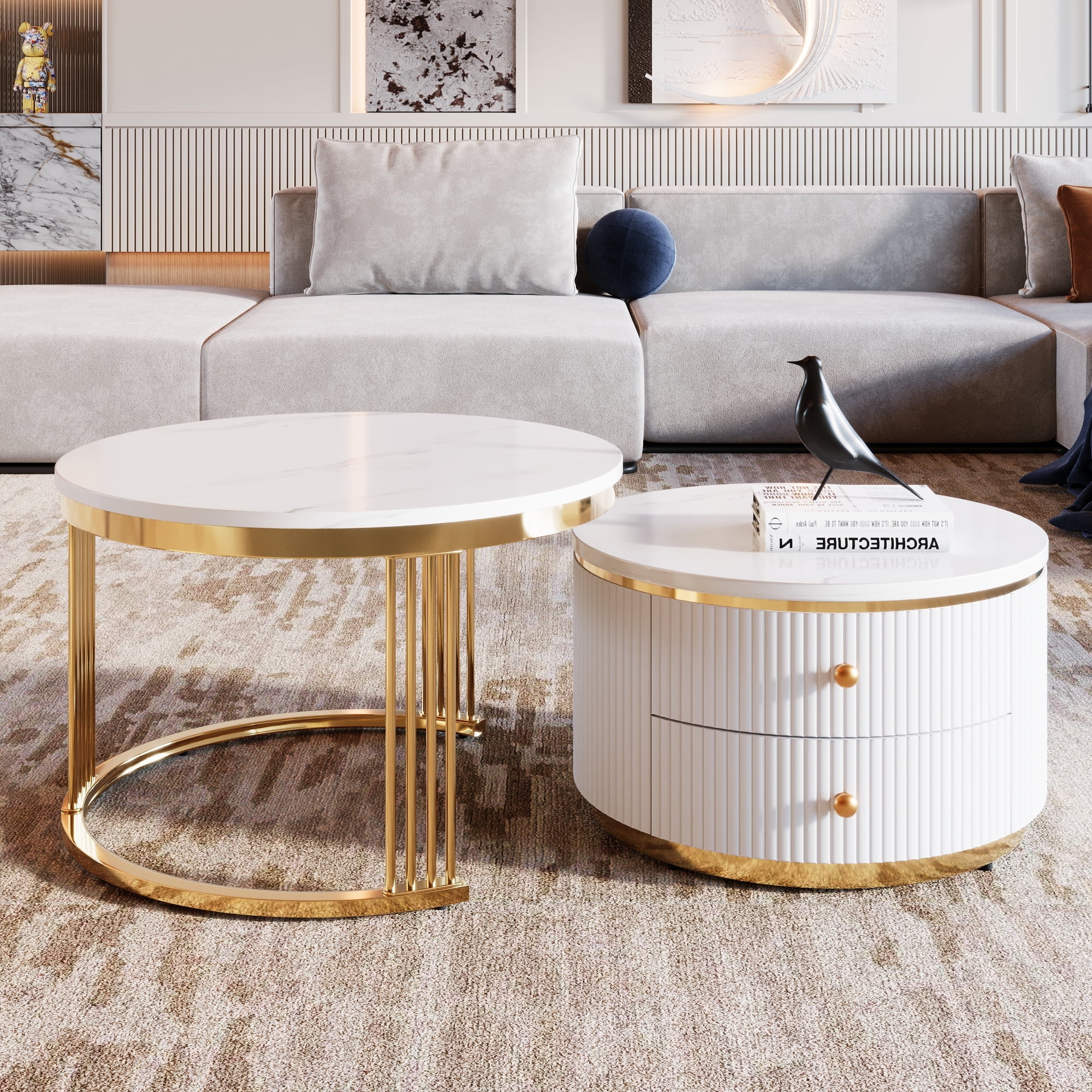 White and Gold Round Nesting Coffee Table Set with Storage Drawers