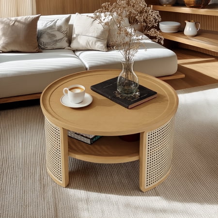 Harper & Bright Designs Round Rattan Coffee Table, Wood Center Table 2 Tiered Side Table with Storage Base for Living Room, Natural 31.3"