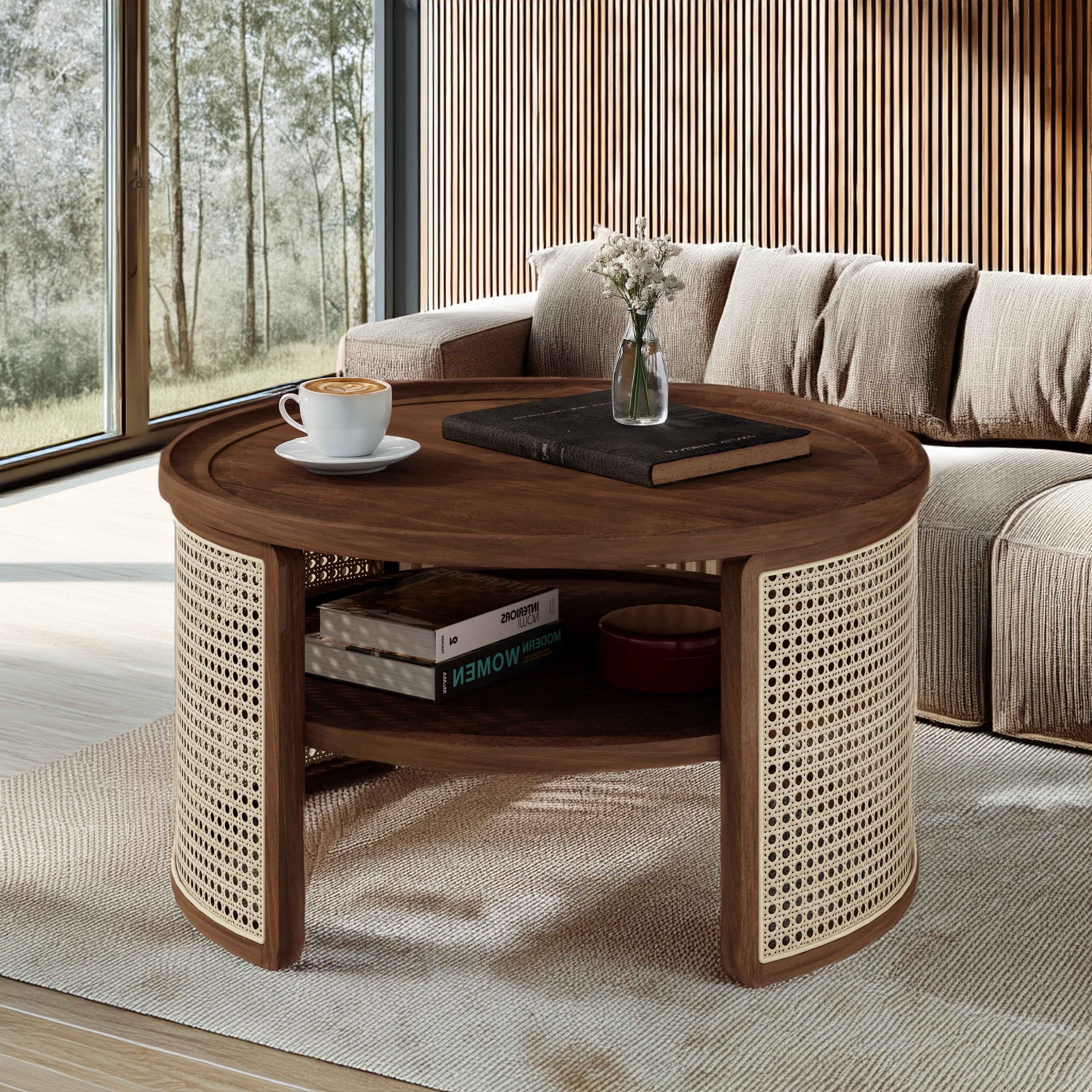 Churanty Round Rattan Coffee Table,Wood Center Table 2 Tiered Side ...