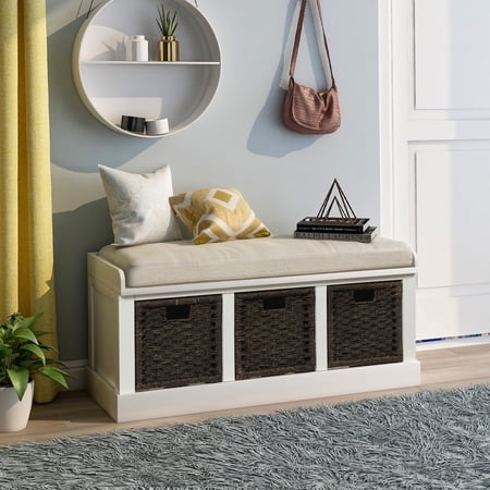 Harper & Bright Designs Rustic Entryway Storage Bench with Removable Cushion, Wood Entryway Shoe Bench with Rattan Baskets for Hallway, White