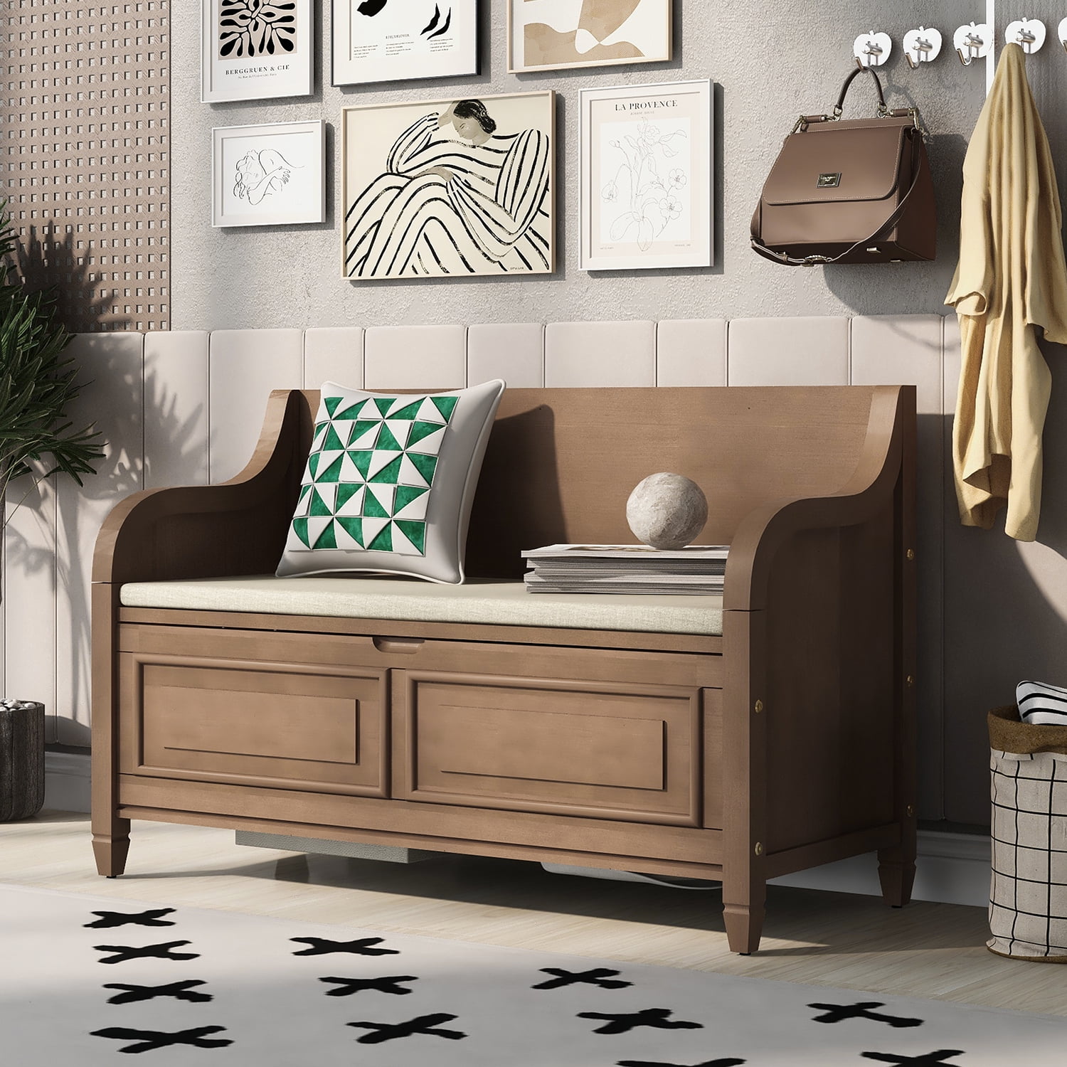 Churanty Rustic Solid Wood Entryway Storage Bench with Removable Cushion Shoe Bench for Living Room Brown