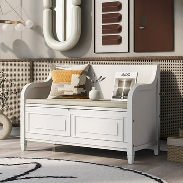 Harper & Bright Designs Rustic Solid Wood Entryway Storage Bench with Removable Cushion Shoe Bench for Living Room, White