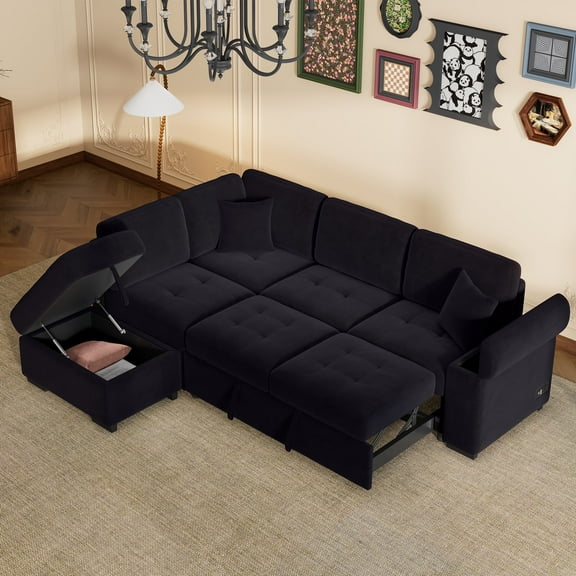 Harper & Bright Designs Sectional Sleeper Sofa with Pull Out Bed, L-Shape Sectional Corner Couch with Storage Ottoman, Hidden Arm Storage, USB Charge for Living Room Apartment, Black