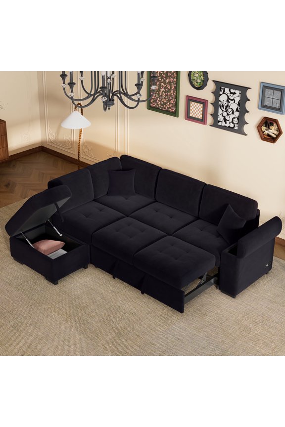 Sectional Sleeper Sofa with Pull Out Bed, L-Shape Sectional Corner Couch with Storage Ottoman, Hidden Arm Storage, USB Charge for Living Room Apartment, Black