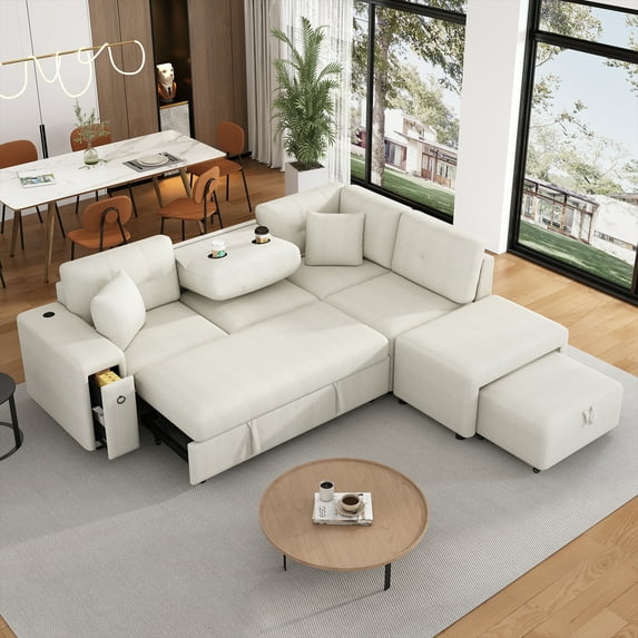 Harper & Bright Designs Sectional Sleeper Sofa with Pull Out Sofa Bed, L Shaped Sleeper Sectional Couch with Movable Ottoman, Chenille Sectional Sofa with USB and Cup Holders for Living Room, Beige