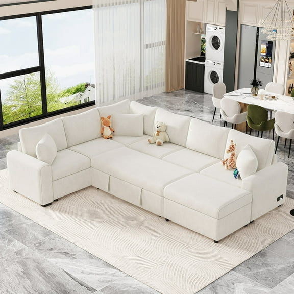 Harper & Bright Designs Sectional Sleeper Sofa with Pull Out Sofa Bed, L Shaped Sleeper Sectional Couch with Storage Ottoman, Chenille Sectional Sofa with Charging Station for Living Room, Cream