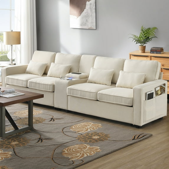 Harper & Bright Designs Sectional Sofa 4 Seater Couch with Console and Cup Holders, Upholstered Sofa with Coffee Table and USB Ports Wired or Wirelessly Charged, Beige