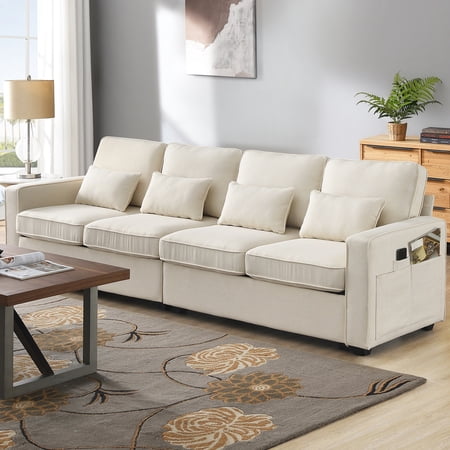 Harper & Bright Designs Sectional Sofa 4 Seater Couch with Armrest Pockets, Linen Upholstered Sofa with 4 Pillows for Living Room Apartment,